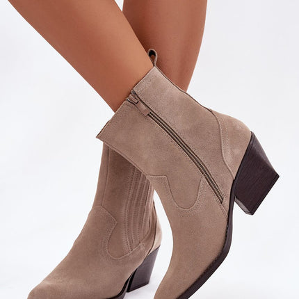 Cowgirl Boots For Women Natural Suede Pointed Toe With Zipper And Block Heel - Très Elite
