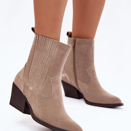 Cowgirl Boots For Women Natural Suede Pointed Toe With Zipper And Block Heel - Très Elite