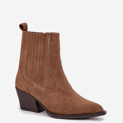 Cowgirl Ankle Boots Natural Suede With Pointed Toe Zipper And Block Heel 222488 - Très Elite