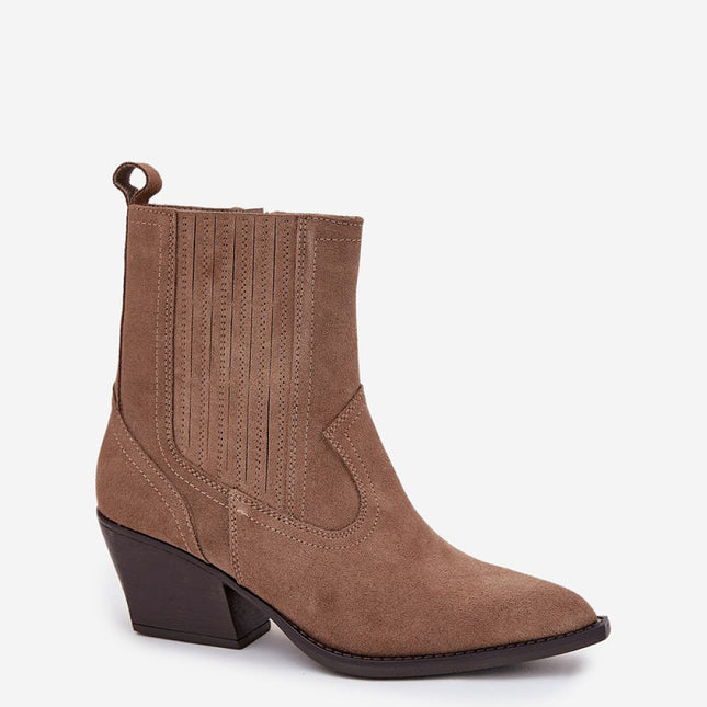 Cowgirl Ankle Boots Natural Suede With Pointed Toe And Block Heel - Très Elite