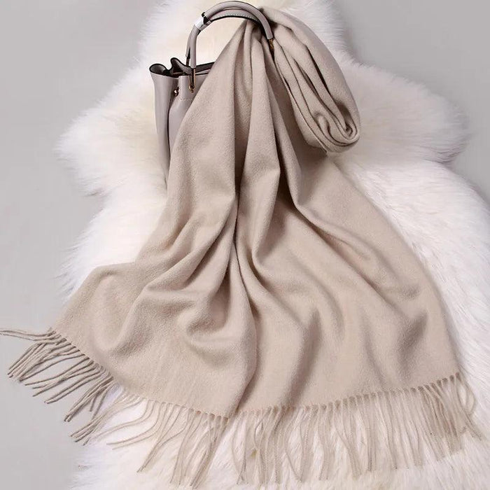 Elegant Tassel-Trimmed Lamb Wool Wrap - Luxe Winter Scarf for Fashionable Warmth