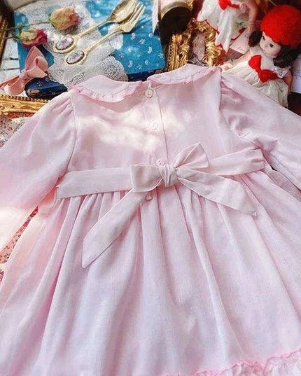 Charming Handmade Long Sleeve Pink Cotton Dress with Floral Embroidery for Girls