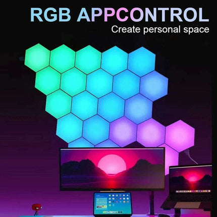Hexagon RGB Ambient Light Display Kit with Bluetooth Music Sync and Customizable Designs - Ideal for Gaming and Home Decor - Très Elite