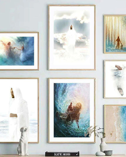 Divine Coastal Serenity: Christ Jesus Nordic Canvas Art for Spiritual Spaces