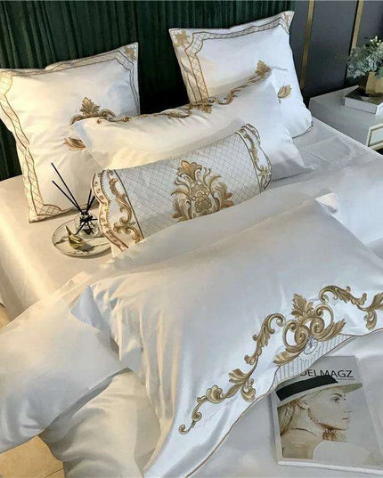 Elegant White Satin and Cotton Embroidered Luxury Bedding Collection with Duvet Cover, Sheets, and Pillowcases