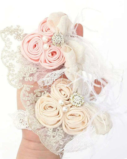 Elegant Vintage Baby Headband with Satin Flower, Feather, and Pearl Details