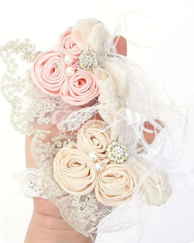 Elegant Vintage Baby Headband with Satin Flower, Feather, and Pearl Details