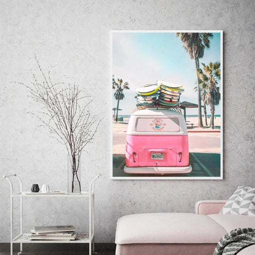 Retro Coastal Van and Palm Tree Canvas Art Print - Vintage Beach Scene Wall Decor