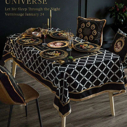 Elegant Black Velvet Dining Table Cover with Exquisite Gold Accents