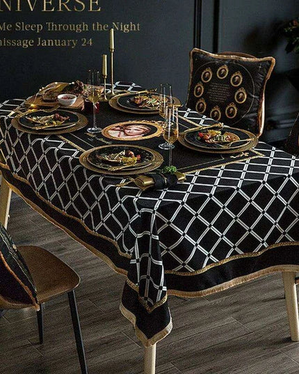 Elegant Black Velvet Dining Table Cover with Exquisite Gold Accents