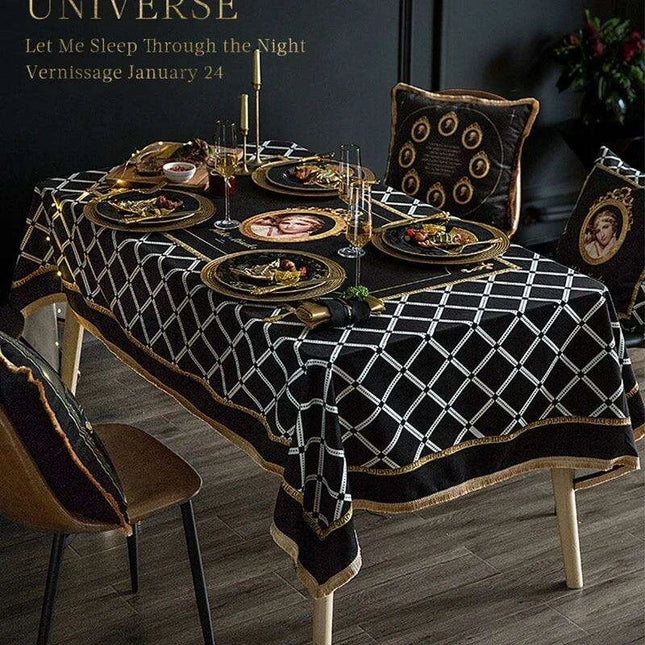 Elegant Black Velvet Dining Table Cover with Exquisite Gold Accents