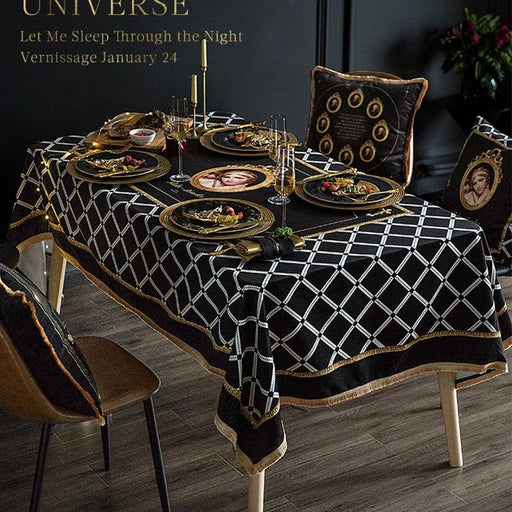 European Elegance Black Velvet Tablecloth with Golden Prints