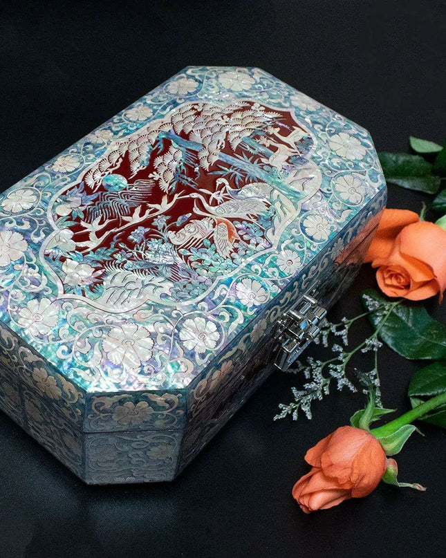 Opulent Two-Tier Jewelry Storage Box with Mother-of-Pearl Detailing and Integrated Mirror