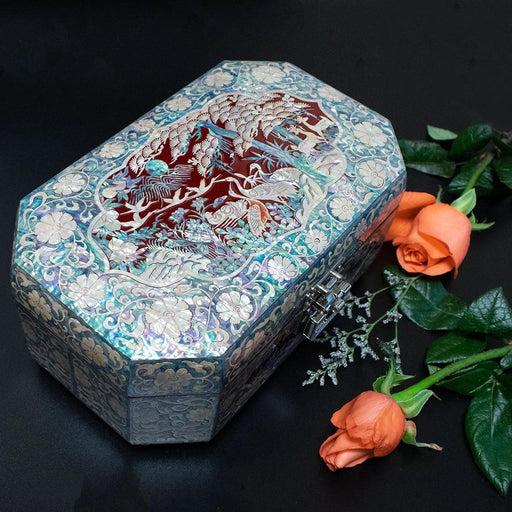 Opulent Two-Tier Jewelry Storage Box with Mother-of-Pearl Detailing and Integrated Mirror