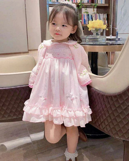 Charming Handmade Long Sleeve Pink Cotton Dress with Floral Embroidery for Girls