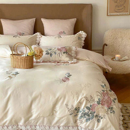 Luxurious Vintage French Floral Embroidered 1000TC Egyptian Cotton Bedding Collection with Ruffles - Duvet Cover, Bed Sheet & Pillowcases (4 Pieces)