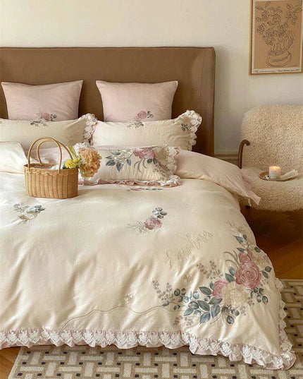 Luxurious Vintage French Floral Embroidered 1000TC Egyptian Cotton Bedding Collection with Ruffles - Duvet Cover, Bed Sheet & Pillowcases (4 Pieces)