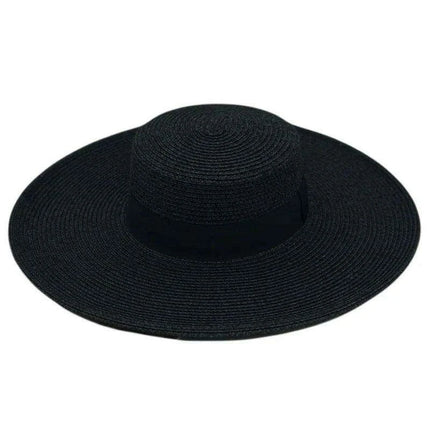 Elegant Black Wide Brim Flat Top Straw Hat for Women - Summer Sunshade Vacation Beach Accessory with French Retro Style