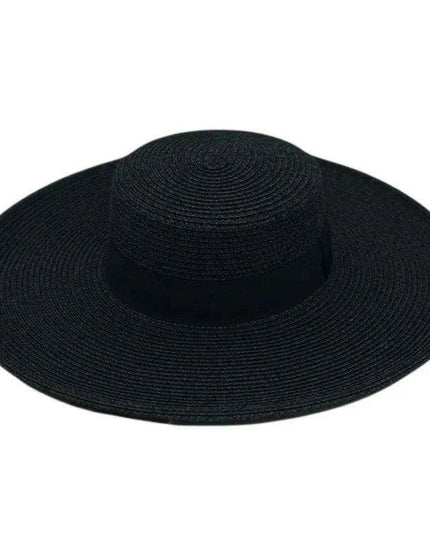 Elegant Black Wide Brim Flat Top Straw Hat for Women - Summer Sunshade Vacation Beach Accessory with French Retro Style