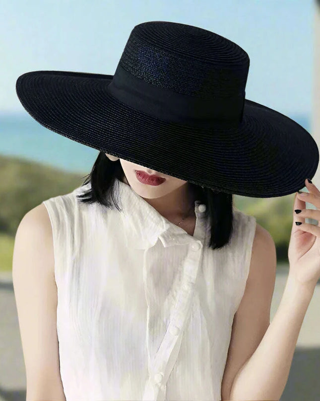 Elegant Black Wide Brim Flat Top Straw Hat for Women - Summer Sunshade Vacation Beach Accessory with French Retro Style