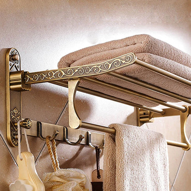 Foldable Antique Brass Towel Rack | Double Shelf with Hooks