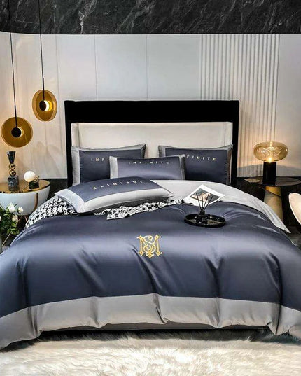 Elegant Gray 60S Egyptian Cotton Luxury Bedding Set with Intricate Embroidery - Duvet Cover, Sheet & Pillowcases