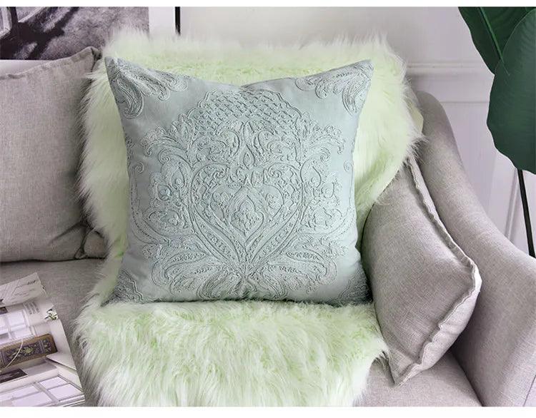 Embroidered Green Floral Cotton Cushion Cover - 50x50cm Decorative Throw for Sofa and Armchair