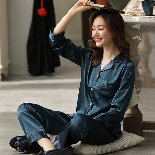 Silk Satin Women Pajama Summer Pijama for Ladies PJs Set 2Pieces Solid Sleepwear Sleep&Lounge Long Sleeve Leisure Wear Pajamas