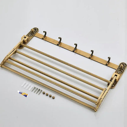 Foldable Antique Brass Towel Rack | Double Shelf with Hooks