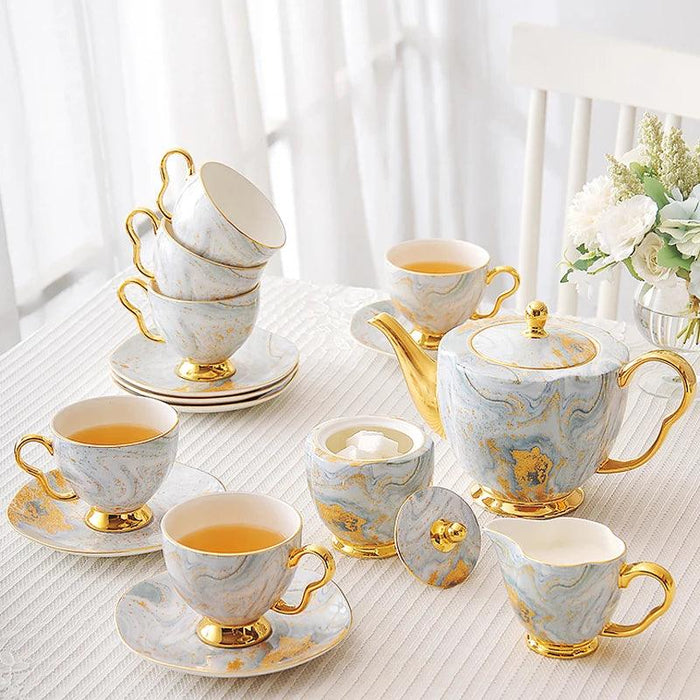 Elegant Bone China Afternoon Tea Set with Teacup, Sugar Bowl, Creamer, Teapot, and Milk Jug