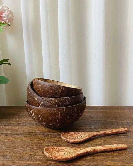 Handcrafted Coconut Bowl Collection with Wooden Spoon - Sustainable Natural Tableware for Salads, Desserts, and More (12-15cm)