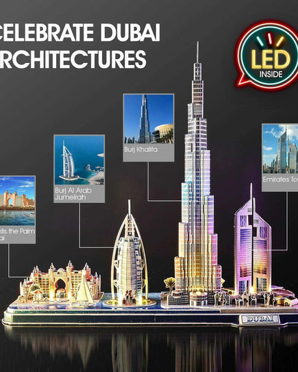 Illuminated Dubai Skyline 3D Puzzle Kit - Experience the Magic of the City