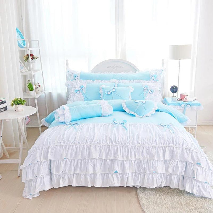 Korean Princess Pink Bow Cotton Bedding Set with Ruffles