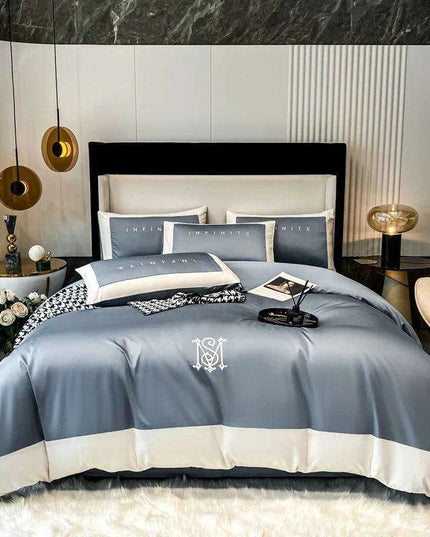 Elegant Gray 60S Egyptian Cotton Luxury Bedding Set with Intricate Embroidery - Duvet Cover, Sheet & Pillowcases