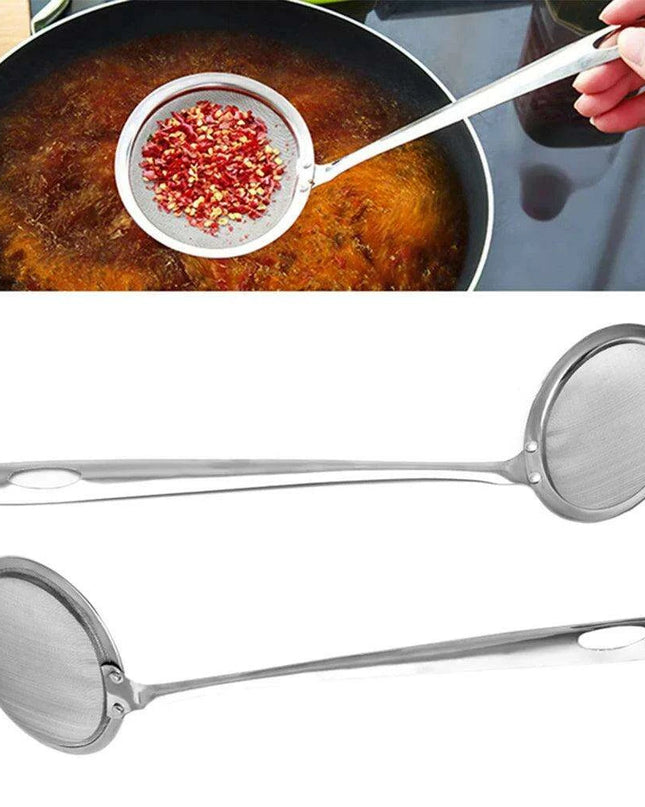 Japanese Stainless Steel Fine Mesh Skimmer Ladle with Extended Handle for Safe Oil and Steam Handling