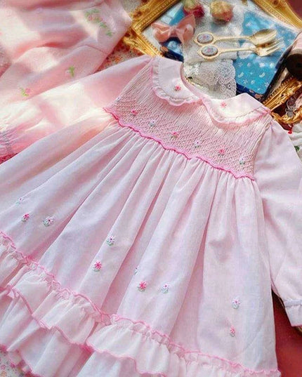 Charming Handmade Long Sleeve Pink Cotton Dress with Floral Embroidery for Girls