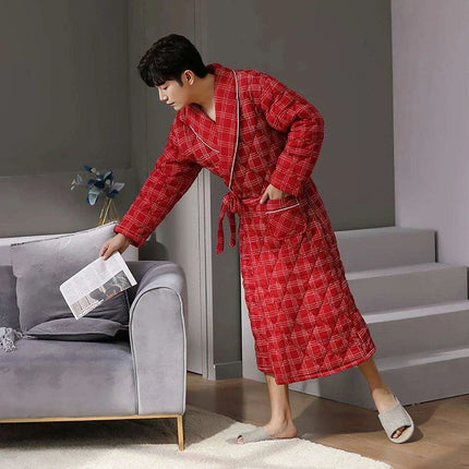 Men's Elegant Plaid Kimono Robe - Superior Cotton Lounge Wear for Chilly Seasons
