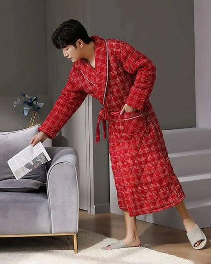 Men's Elegant Plaid Kimono Robe - Superior Cotton Lounge Wear for Chilly Seasons