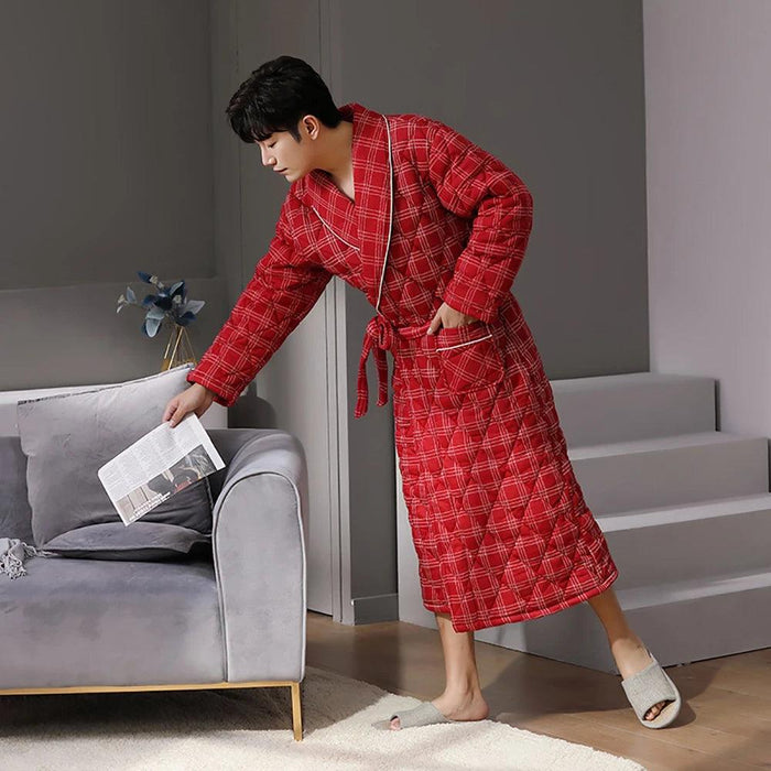 Stylish Men's Plaid Robe – Cozy Autumn & Winter Long Bathrobe in Soft Cotton, Breathable