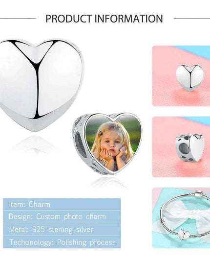 Customizable 925 Sterling Silver Heart Charm with Free Photo Engraving