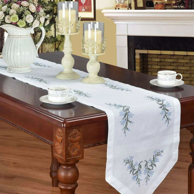Elegant Blue Harebell Floral Embroidered Table Runner - Luxurious Cotton Home Accent