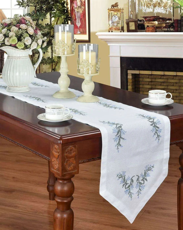 Elegant Blue Harebell Floral Embroidered Table Runner - Luxurious Cotton Home Accent
