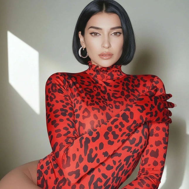 Leopard Print Long Sleeve Turtleneck Bodysuit for Women with Gloves - Slim Bodycon Rave Outfit for Autumn