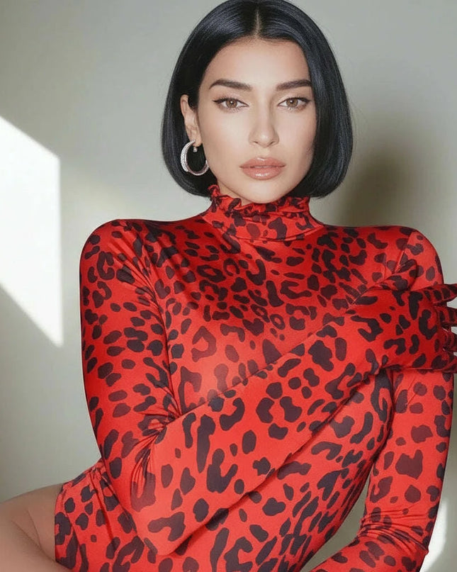 Leopard Print Long Sleeve Turtleneck Bodysuit for Women with Gloves - Slim Bodycon Rave Outfit for Autumn