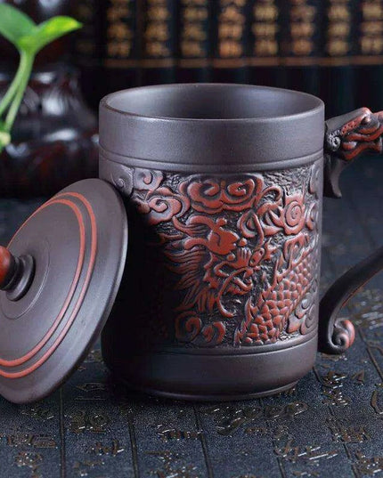 Exquisite Purple Clay Tea Mug with Vintage Dragon & Phoenix Design for Discerning Tea Aficionados
