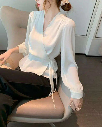 Korean-Style Women's Long Sleeve V-Neck Lace-Up Blouse