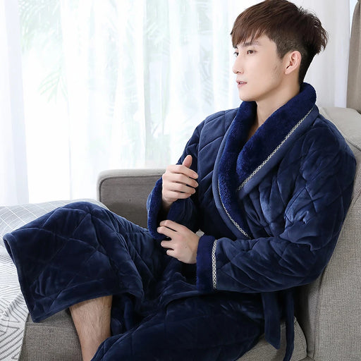 Winter Long Robe For Male Three Layers Quilted Bathrobe Thick Flannel Sleepwear Big Yards XXXL Kimono Bathrobes Mens Warm Lounge