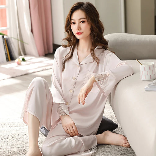 Ethereal Pink Ice Silk Pajama Set with Delicate Lace Accents