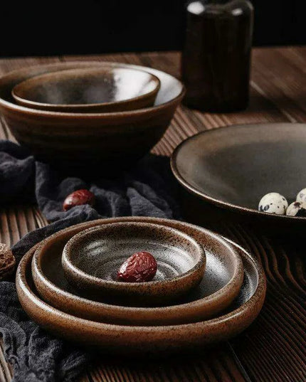 Charming Retro Japanese Stoneware Tableware Set: Ideal Bowls and Plates for Noodles, Soups, and Desserts