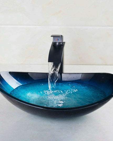 Luxurious Hand-Painted Glass Waterfall Basin Faucet Set in Stunning Blue